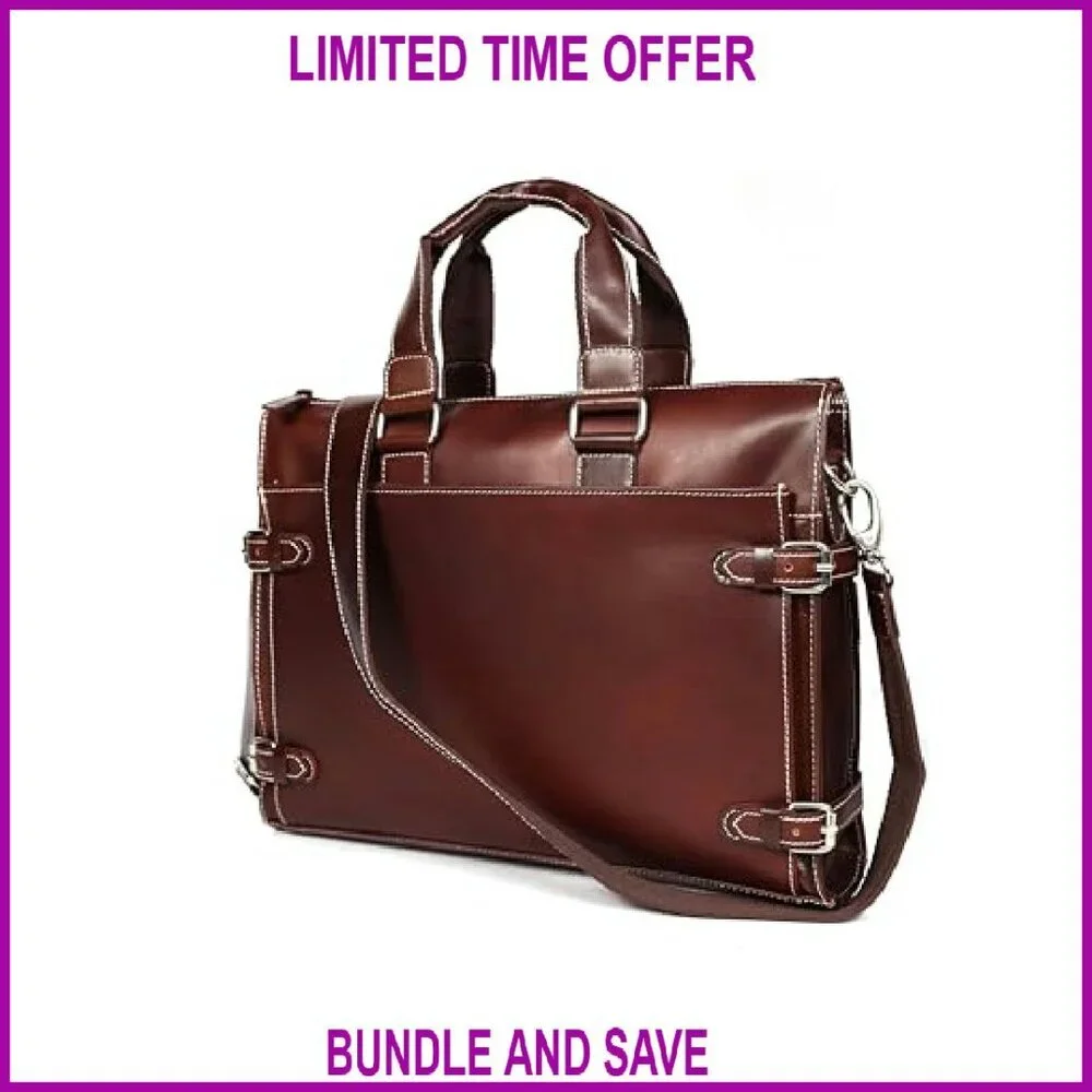 Leather Laptop Briefcase for Men, 3 Zipper Pockets, Fits 16-inch Laptop
